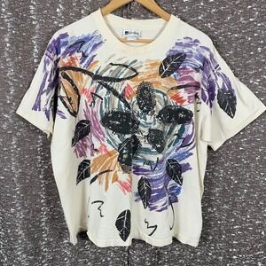 Vtg 90s Jacques Moret Abstract Art Floral Single Stitch All Over Print Shirt OS